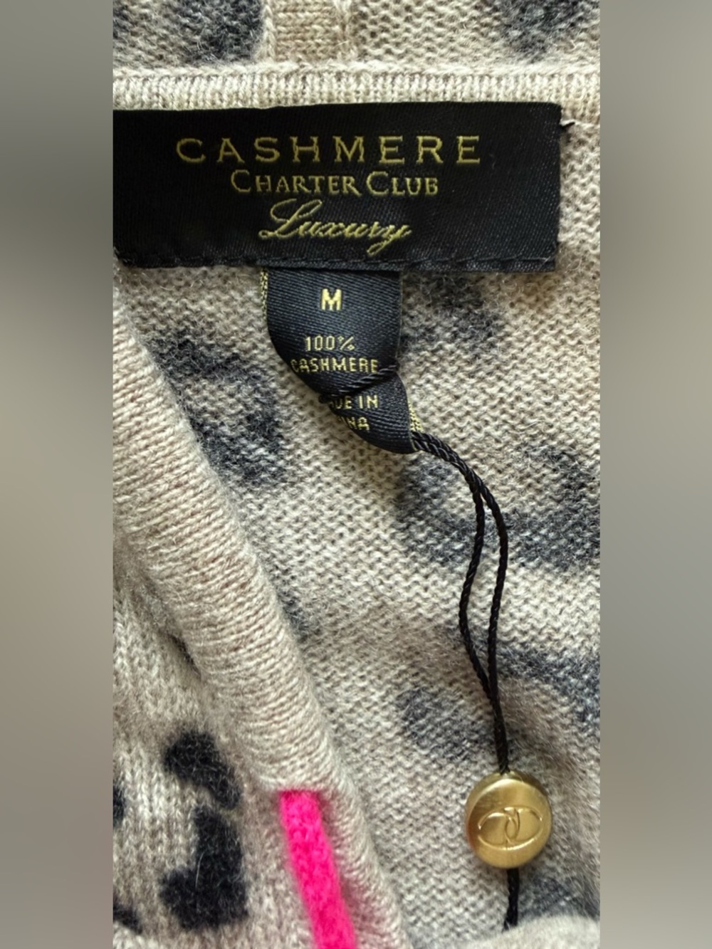 Charter Club 100% Cashmere Hoodie Womens M Leopard Print Pink Trim Sweater NWOT - Picture 3 of 7